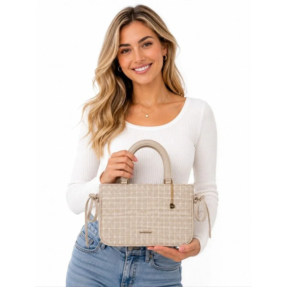 Samantha Thavasa Tweed Satchel Bag Heart Charm Mirror Pouch Expandable Tote